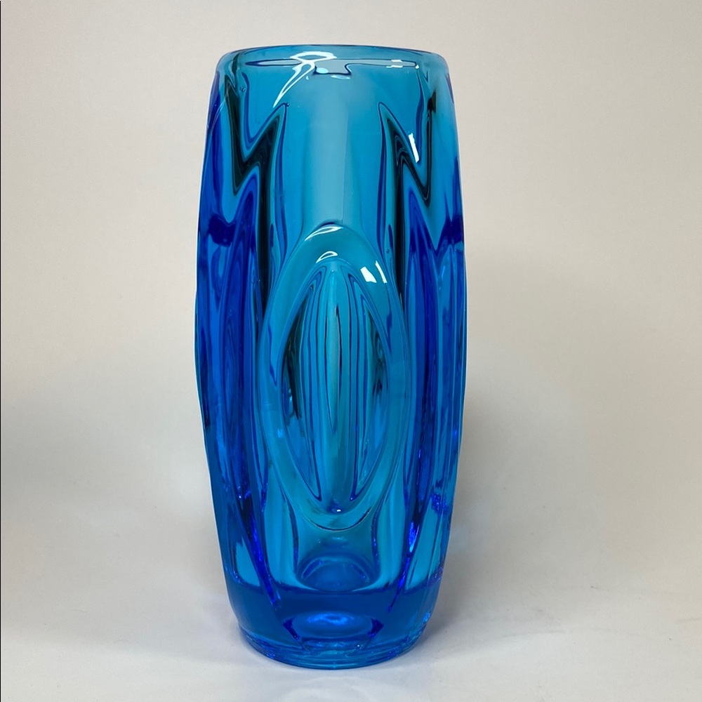 1950 Sklo Union Glass “Lens” Vase by Rudolph Shrotter Vibrant Blue Colour